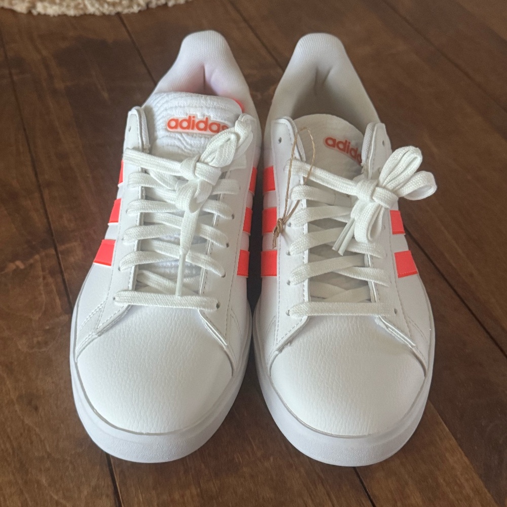 NEW Adidas Grand Court Sneakers, White with Coral Pink Stripes – Women’s Size 8